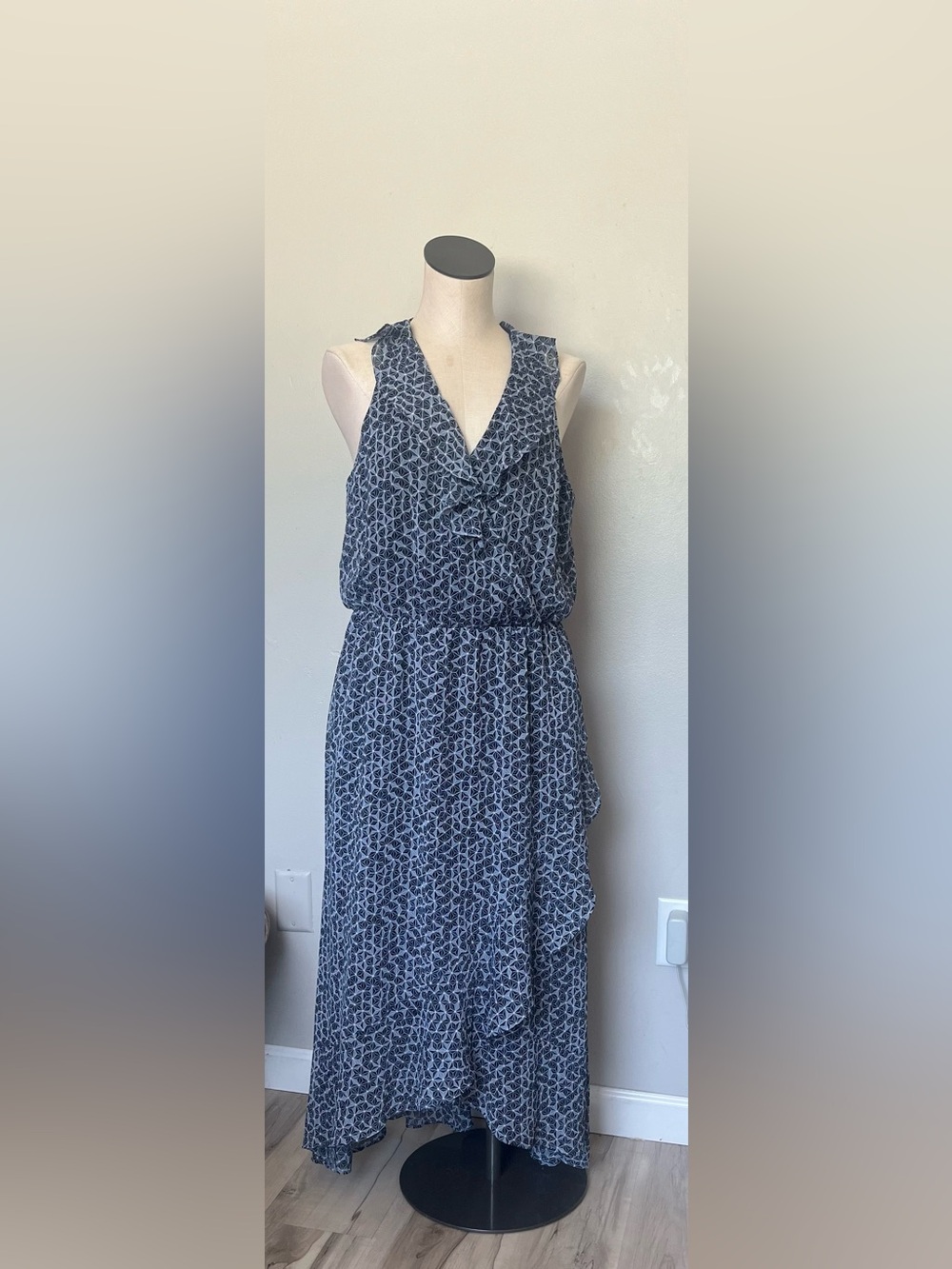 Banana Republic Navy and White Printed Ruffle Maxi Dress